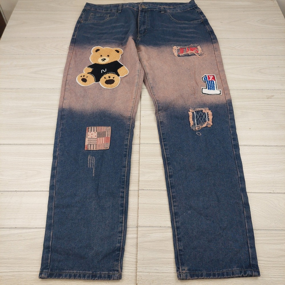 Unbranded Patchwork Teddy Bear Jeans Mens 40x32 Blue Distressed Streetwear Retro